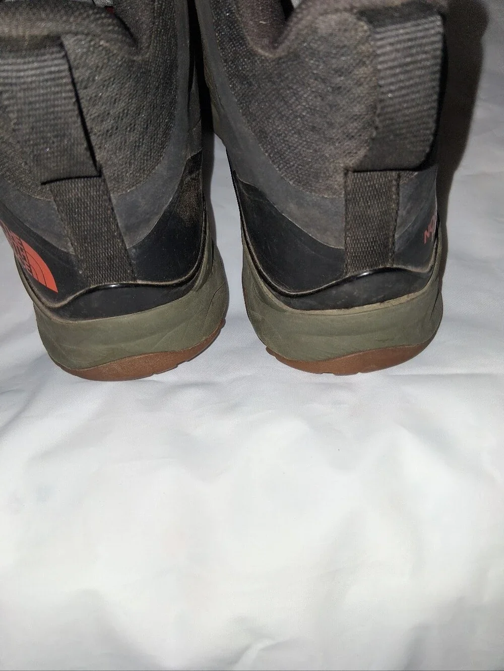 The North Face Olive Green Hiking Boots with Orange Logo Accents
